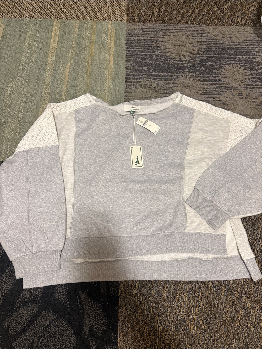 Daily Practice Heather Light Gray Pullover Sweatshirt with Lace Shoulder Panels